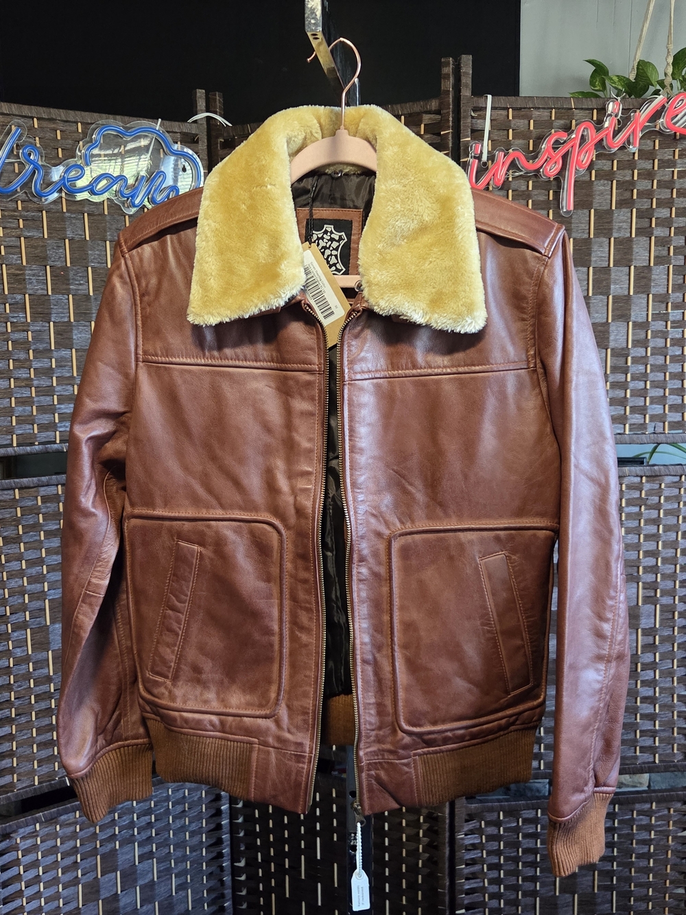 Men's Brown Leather Jacket with Cream Shearling Removeable Collar